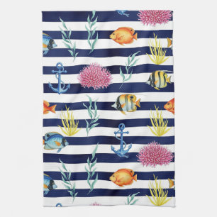 Retro Nautical Watercolor Pattern (8) Kitchen Towel