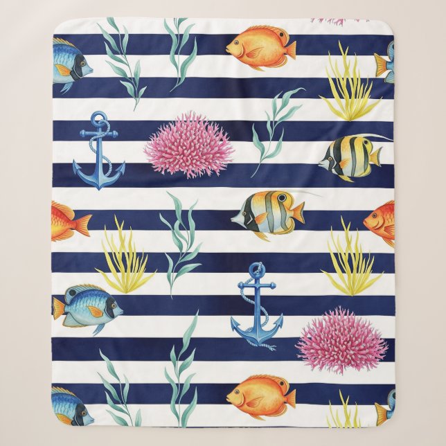 Retro Nautical Watercolor Pattern (8) Sherpa Blanket (Front)