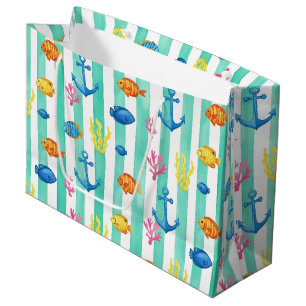 Retro Nautical Watercolor Pattern (9) Large Gift Bag
