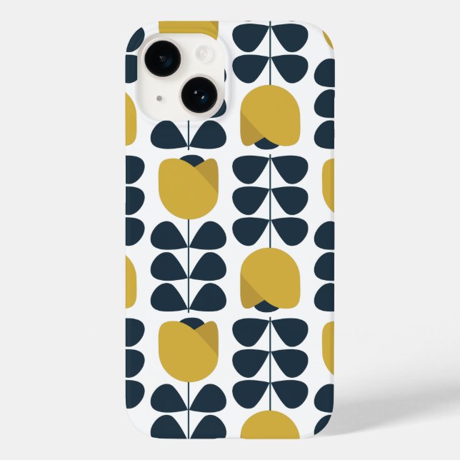 Retro Navy and Yellow Floral Pattern Case-Mate iPhone Case (Back)