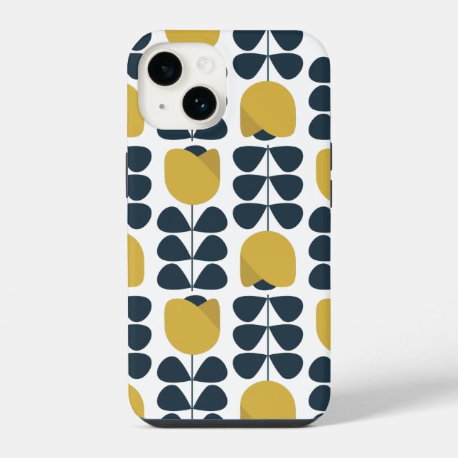 Retro Navy and Yellow Floral Pattern iPhone Case (Back)