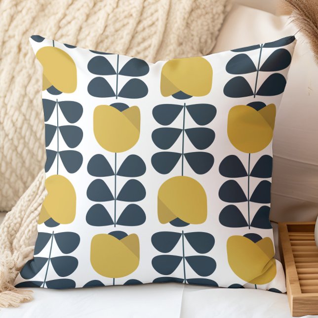 Retro Navy and Yellow Floral Pattern Throw Pillow (Creator Uploaded)