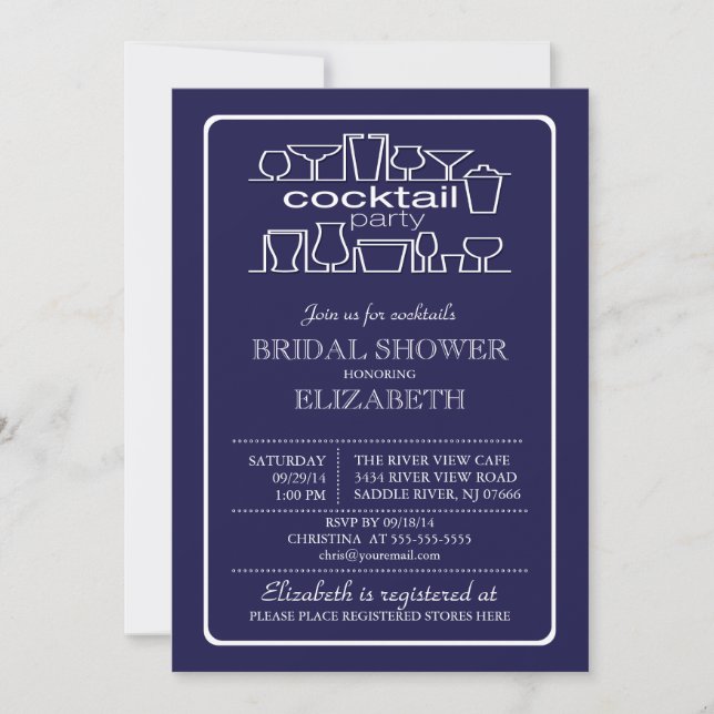 Retro Navy Blue Cocktail Party Bridal shower Invitation (Front)