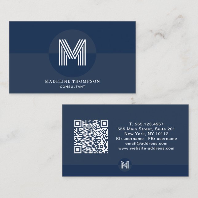 Retro Navy Blue Geometric Modern Monogram QR Code Business Card (Front/Back)