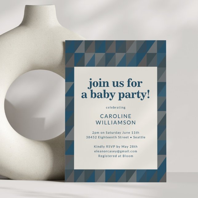 Retro Navy Blue Grey Geometric Baby Shower Invitation (Creator Uploaded)