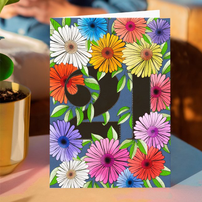 Retro Navy Blue Personalized 21st Birthday Floral Card (Creator Uploaded)