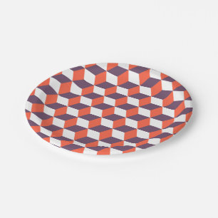 Retro Navy Blue Red Cube Modern Geometric Pattern Paper Plate