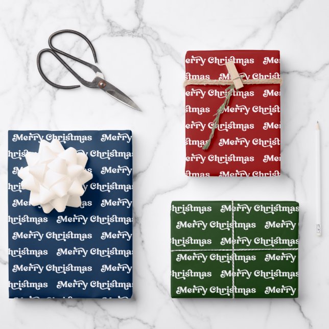 Retro Navy Blue, Red Green & White Merry Christmas Wrapping Paper Sheet (Front)