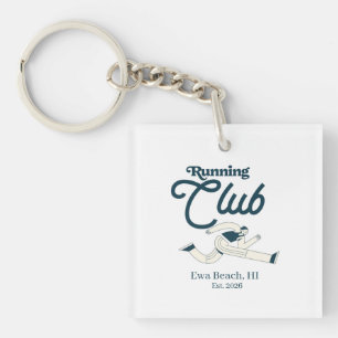 Retro Navy Blue Running Club Personalized Graphic Keychain