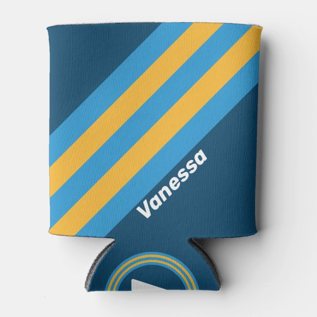 Retro Navy Blue Stripes with Name Can Cooler (Front)