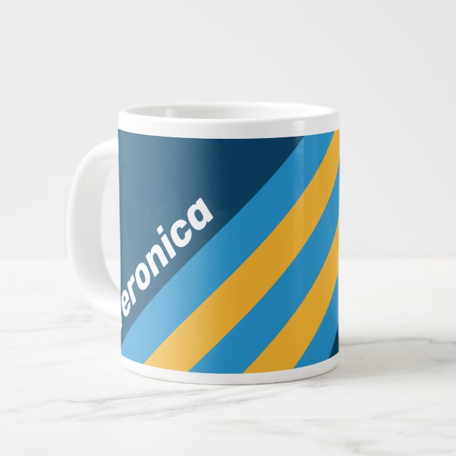 Retro Navy Blue Stripes with Name Large Coffee Mug (Front Left)