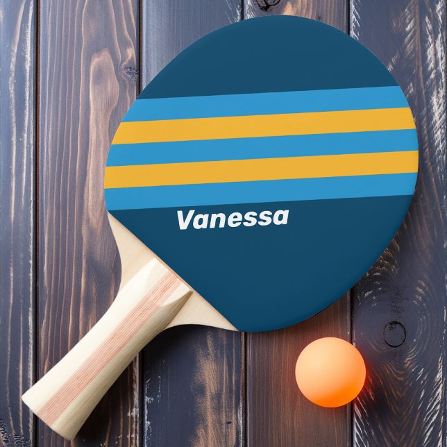Retro Navy Blue Stripes with Name Ping Pong Paddle (Creator Uploaded)