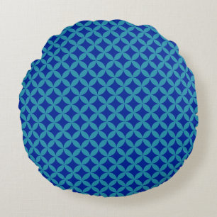 Retro navy blue turquoise Circle Rosette Lattice Round Pillow