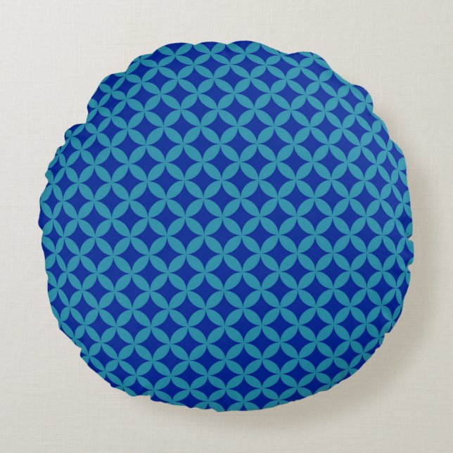 Retro navy blue turquoise Circle Rosette Lattice  Round Pillow (Front)