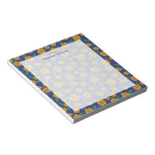 Retro navy blue yellow flowers pattern Name Notepad