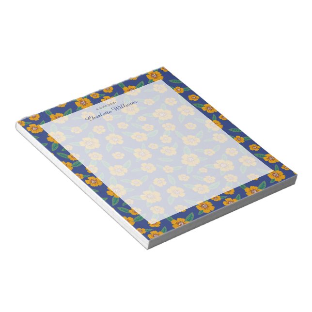 Retro navy blue yellow flowers pattern Name  Notepad (Angled)