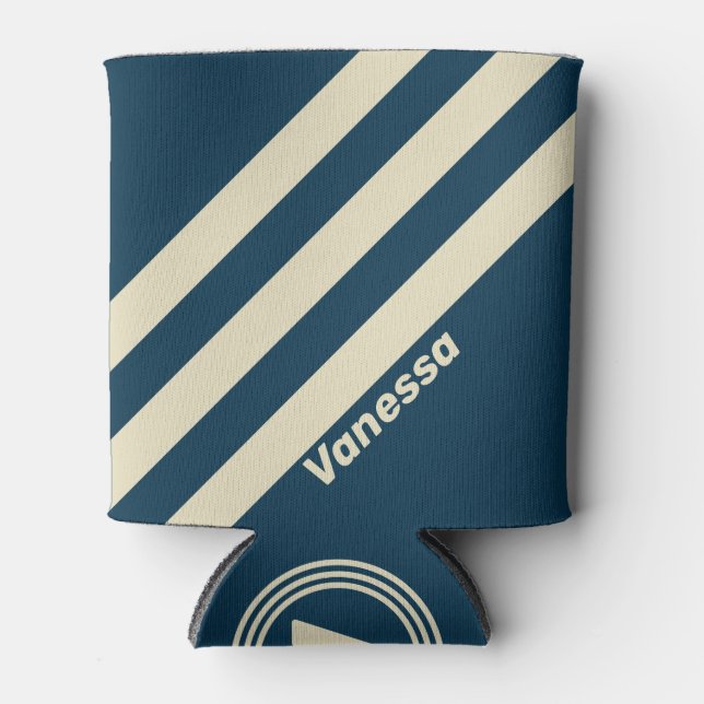 Retro Navy Fade Three Stripes with Name Can Cooler (Front)
