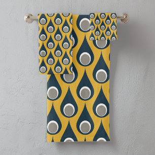 Retro Navy Mustard Geometric Drops Pattern  Bath Towel Set