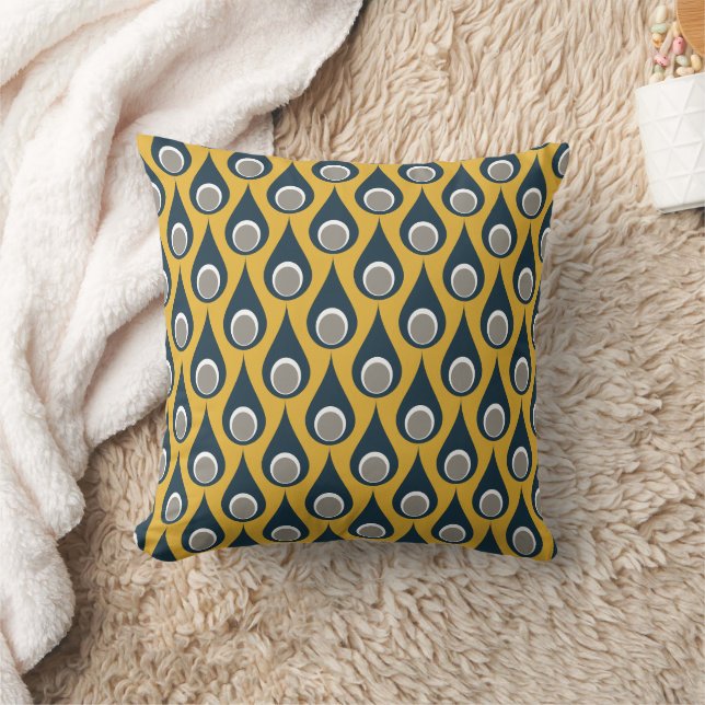 Retro Navy Mustard Geometric Drops Pattern  Throw Pillow (Blanket)