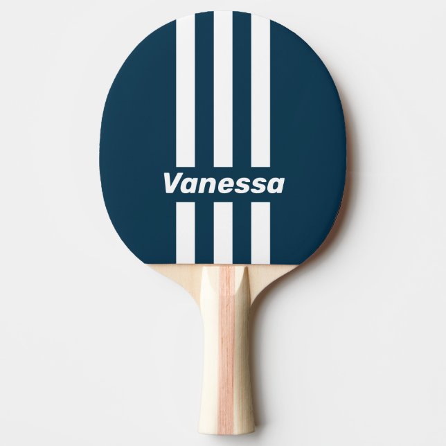 Retro Navy Three Pin Stripes with Name Ping Pong Paddle (Front)