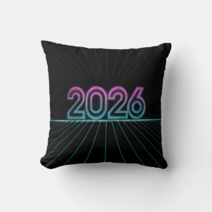 Retro Neon 2026 Sign with Vaporwave Pink and Cyan Throw Pillow