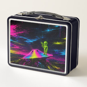 Retro Neon Alien UFO Metal Lunch Box