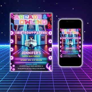 Retro Neon arcade & bowling gaming birthday party  Invitation