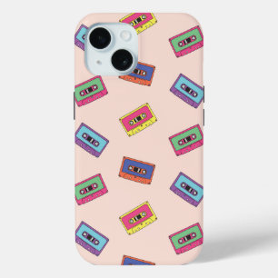 Retro Neon Audio Cassette Tape Pattern iPhone 15 Case