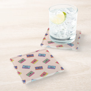 Retro Neon Audio Cassette Tape Pattern Glass Coaster