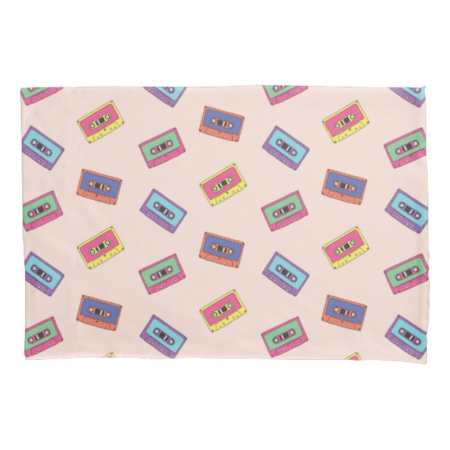 Retro Neon Audio Cassette Tape Pattern Pillowcase (Front-Left)