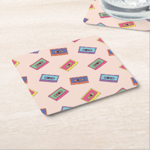 Retro Neon Audio Cassette Tape Pattern Square Paper Coaster