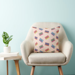 Retro Neon Audio Cassette Tape Pattern Throw Pillow