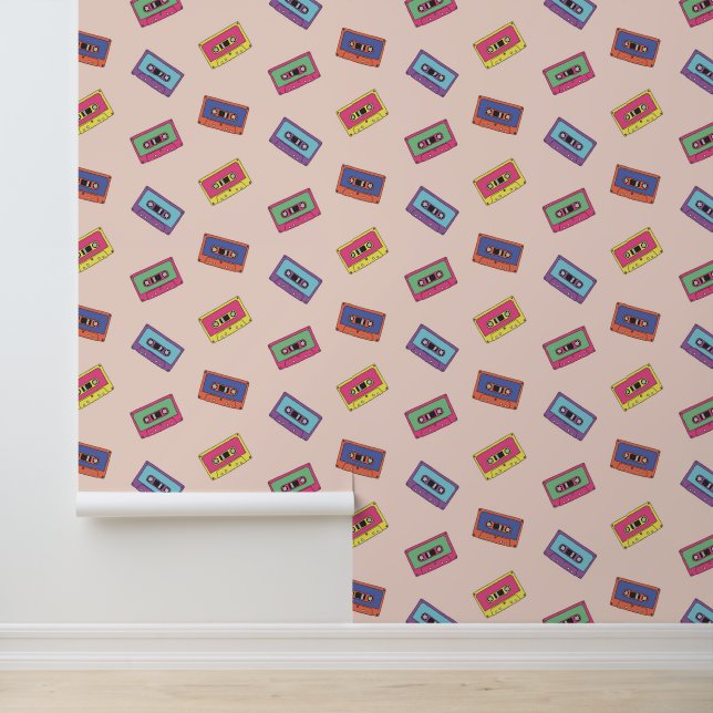 Retro Neon Audio Cassette Tape Pattern Wallpaper (Application)