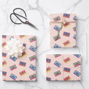 Retro Neon Audio Cassette Tape Pattern Wrapping Paper Sheet
