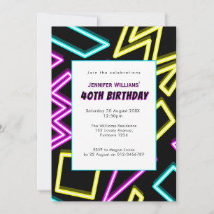 Retro Neon Black 40th Birthday Party Invitation