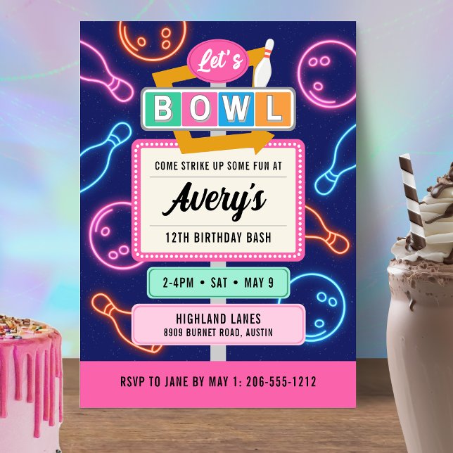 Retro Neon Bowling Invitation For Girl's Birthday (Retro Neon Glow Bowling Birthday Invitation For Girls)