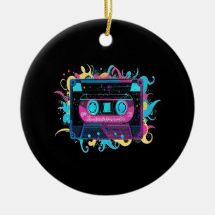 Retro Neon Cassette Tape with Vibrant Splash Ceramic Ornament