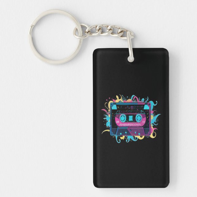 Retro Neon Cassette Tape with Vibrant Splash Keychain (Front)