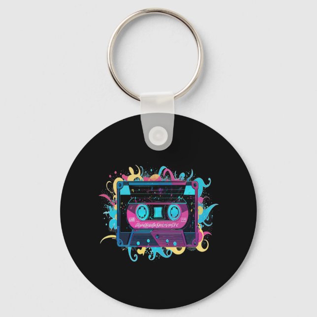 Retro Neon Cassette Tape with Vibrant Splash Keychain (Front)