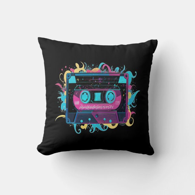 Retro Neon Cassette Tape with Vibrant Splash Throw Pillow (Front)
