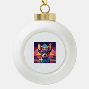 Retro Neon Chihuahua – Vibrant Synthwave Dog Art Ceramic Ball Christmas Ornament