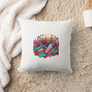 Retro Neon Cityscape with Fast Food Vibes  Throw Pillow