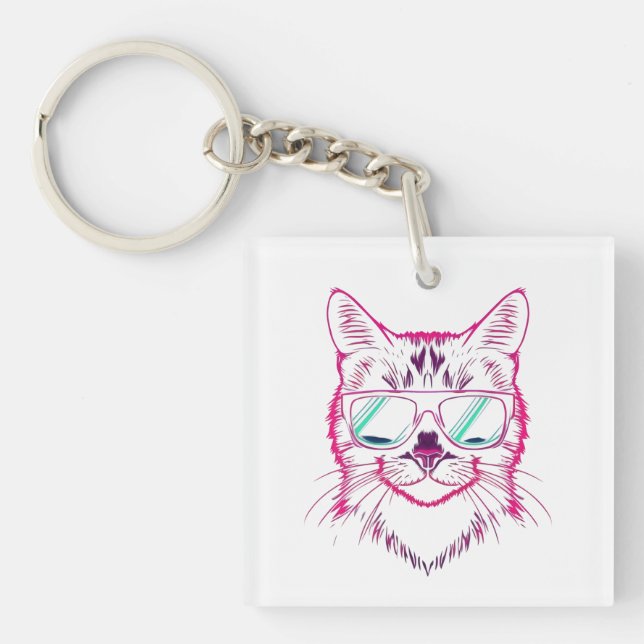 Retro neon cyber cat wearing sunglasses keychain (Front)