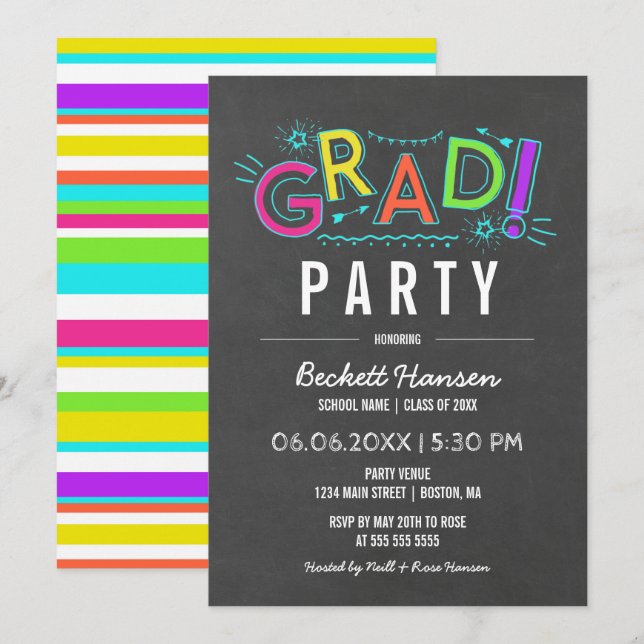 Retro Neon Doodles Chalkboard Graduate Party Invitation (Front/Back)