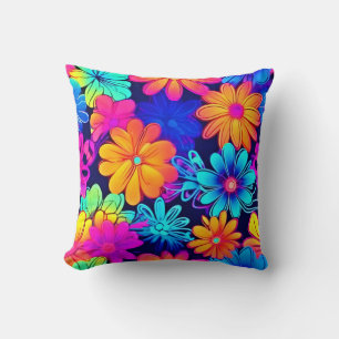 Retro Neon Flowers Pattern Throw Pillow