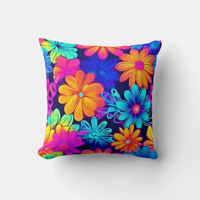 Retro Neon Flowers Pattern Throw Pillow (Front)