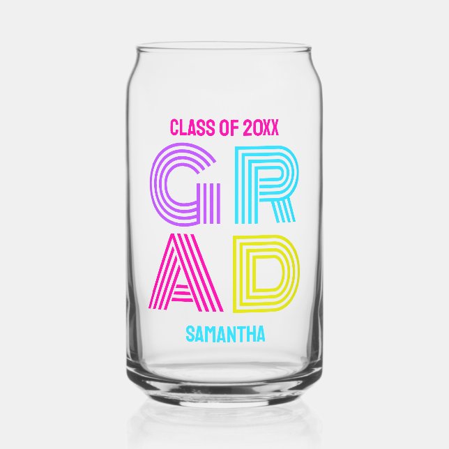 Retro Neon Grad Graduation Can Glass (Front)