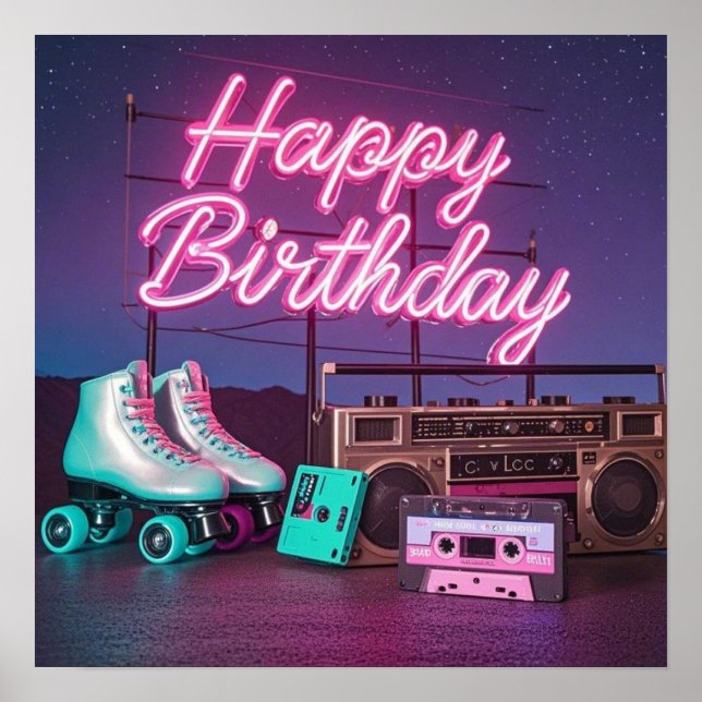 Retro neon Happy Birthday sign in pink and teal (Front)