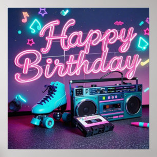 Retro neon Happy Birthday sign in pink and teal