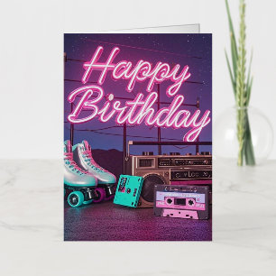 Retro neon Happy Birthday sign in pink and teal Foil Greeting Card